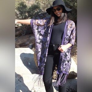 One size kimono duster purple roses top